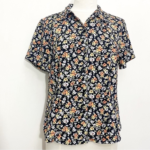 LAURA SCOTT Petite retro floral print silky fabric button up short sleeve top LP - Picture 1 of 7